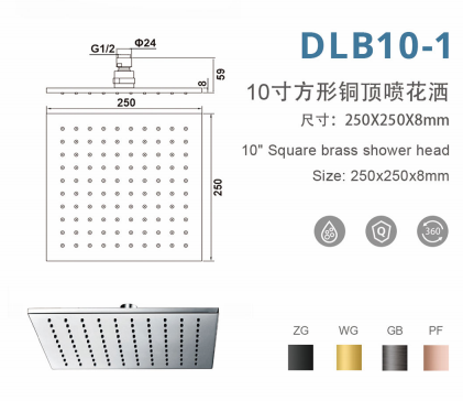 DLB10-1 10寸方形铜顶喷花洒