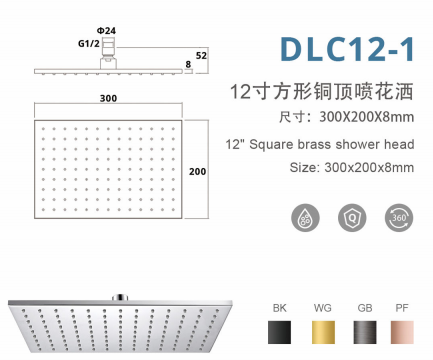 DLC12-1 12寸方形铜顶喷花洒