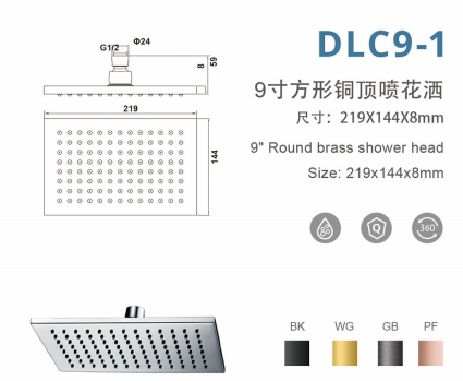 DLC9-1 9寸方形铜顶喷花洒